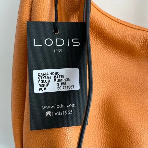 Lodis NWT $158 Daria Pumpkin Orange Authentic Pebbled Leather Crescent Hobo Bag - Picture 6 of 9